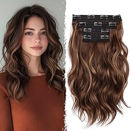 Clip in Hair Extensions - 14 Inch Wavy Synthetic Hair Extensions Clip ins (Color: Chestnut Brown with Light Brown Highlights)