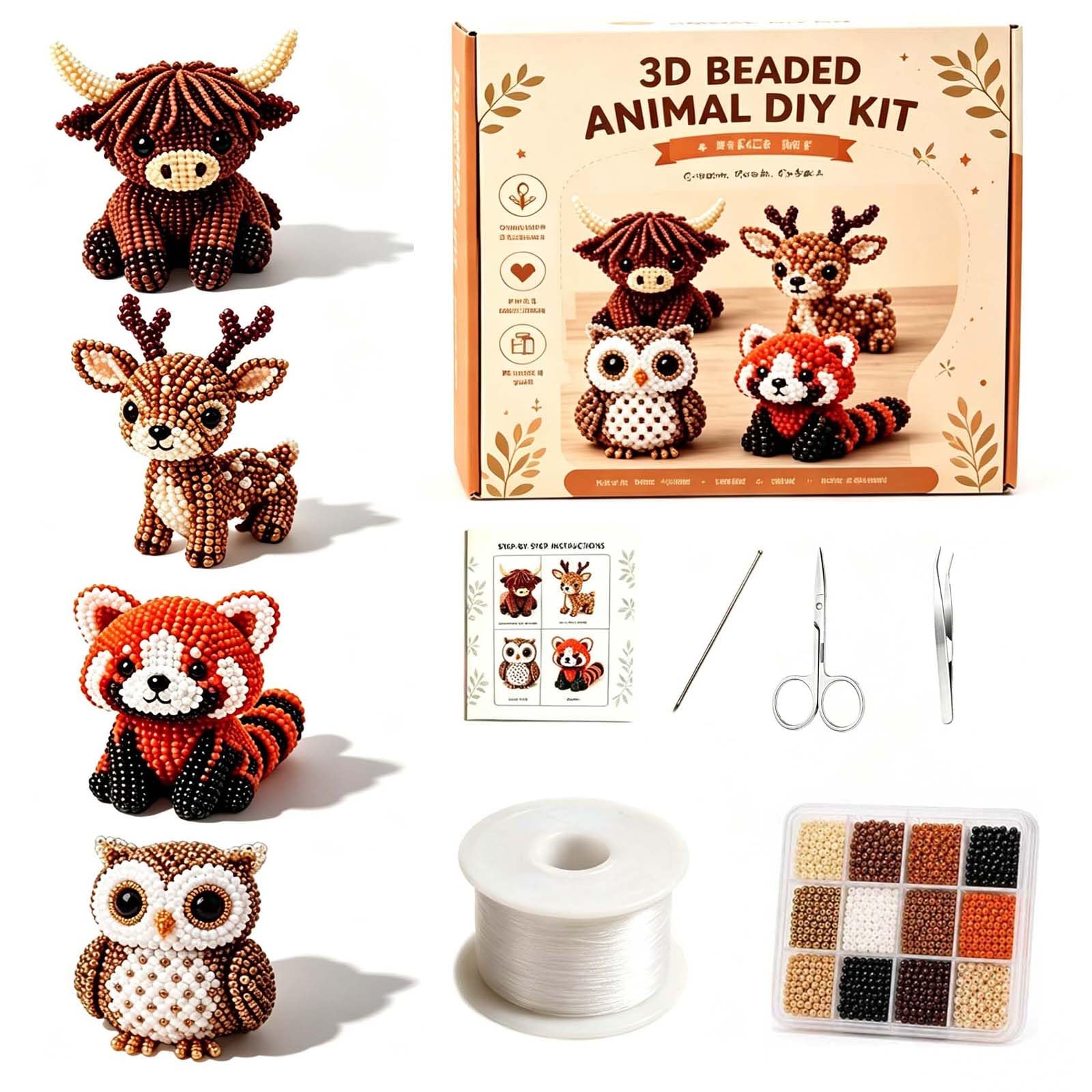 Tiny 3D Beaded Animal DIY Kit, Handmade 3D Beadwork, Set with Instructions, DIY Animal Beading Kits for Teens, Beginners, Enthusiasts, Adults, Office, Room and Table Decoration (Mixed Colors)
