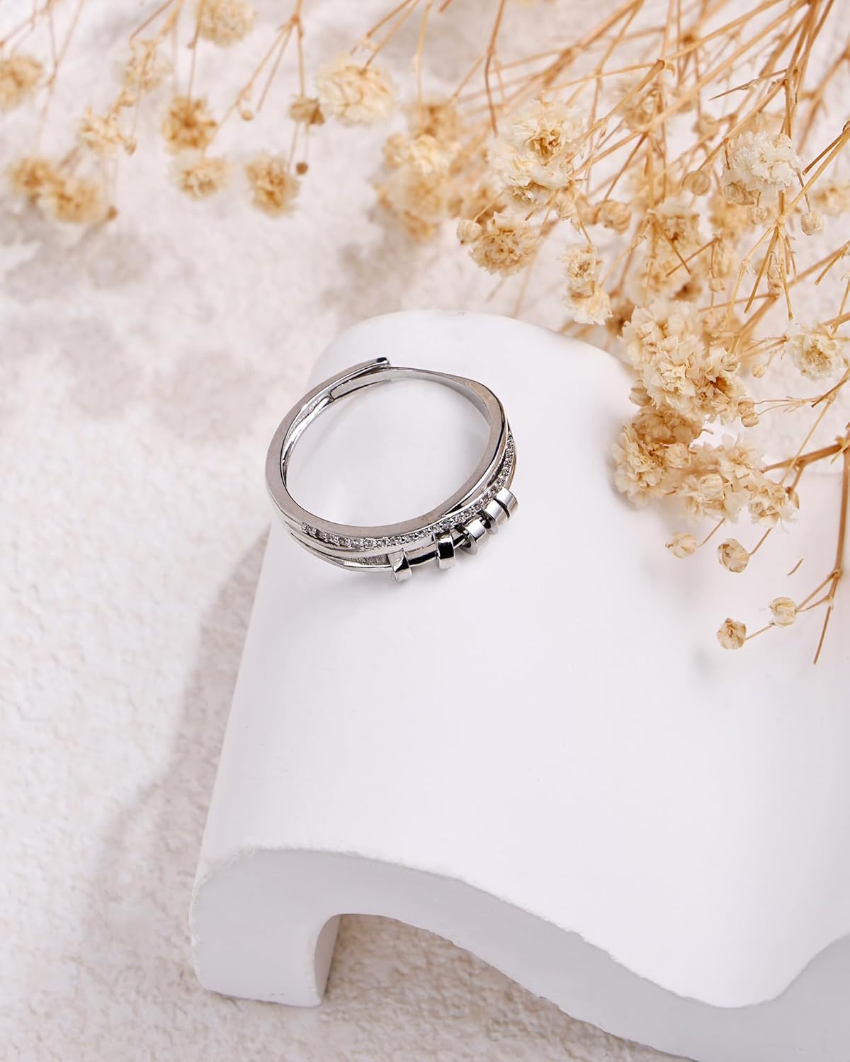 Adjustable Zircon Ring for Women - Sterling Silver Open Statement Ring with Rotating Cylinders, Stackable Fashion Jewelry - Image 5