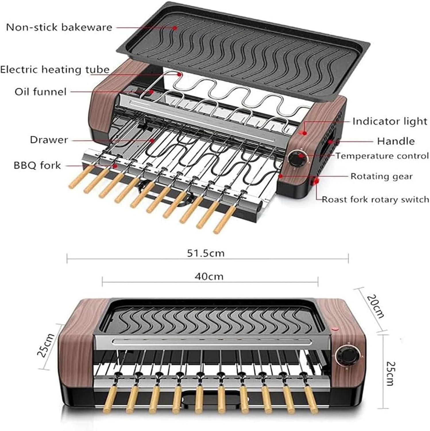 Electric Grill Table, Double Layers Kebab Making Machine Rotation Grill, 1800W Multifunctional Smokeless Non-Stick Baking Pan BBQ Grill for Home Camping Party Outdoor