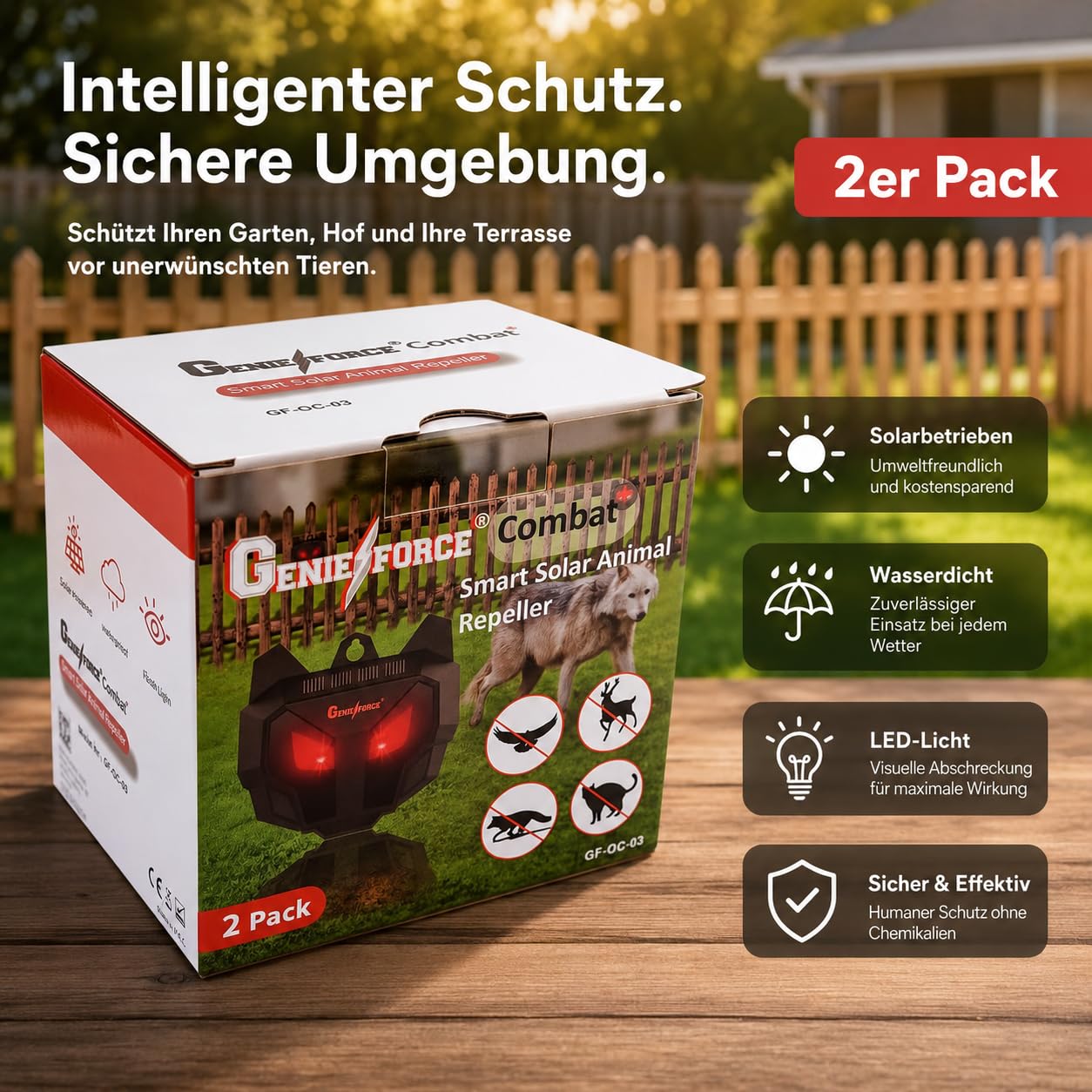 Genieforce® solarny odstraszacz zwierząt z czerwonymi diodami LED, odstraszacz zwierząt, przeciwko dzikim zwierzętom, drapieżnikom, kunom, lisom, szopom praczom, zasilaniu energią słoneczną na