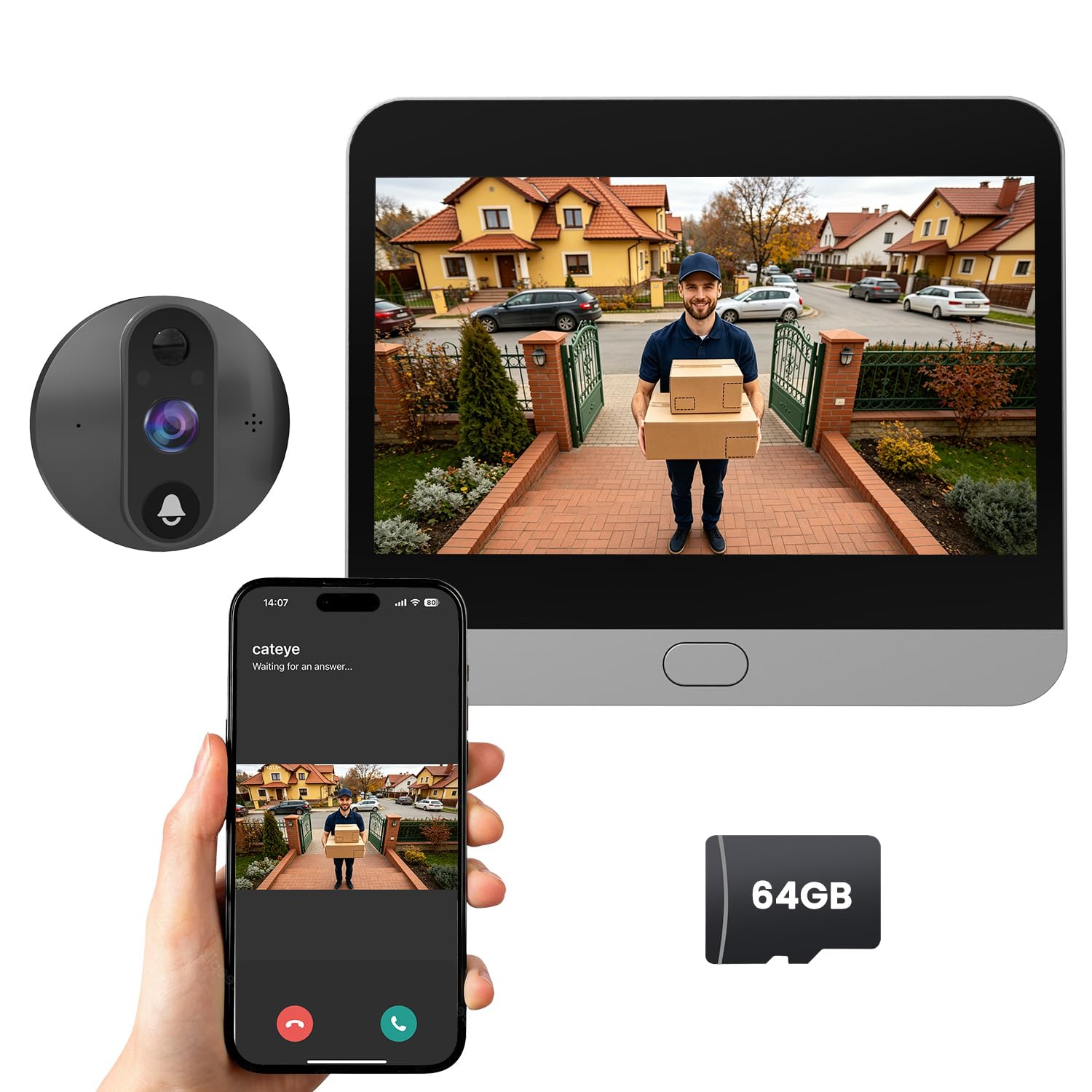with 8000mAh Battery, Two-Way Talk, AI Motion Detction Alerts, 2K Night Vision, 170° Wide Angle Door Camera for Home Security Peephole Camera, 2K Doorbell Camera with 4.3" Monitor, 64GB Card