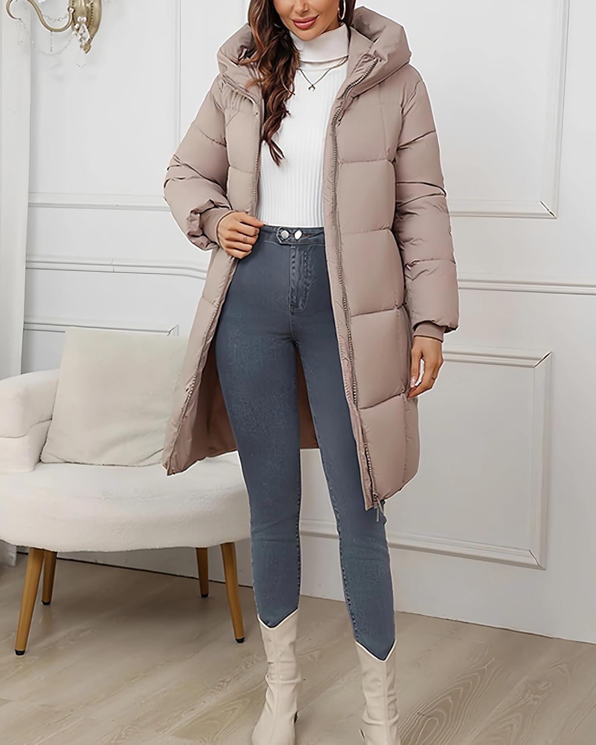 Women's Hooded Long Puffer Coat Winter Warm Full Zip Lightweight Quilted Jacket with Pockets - Image 5