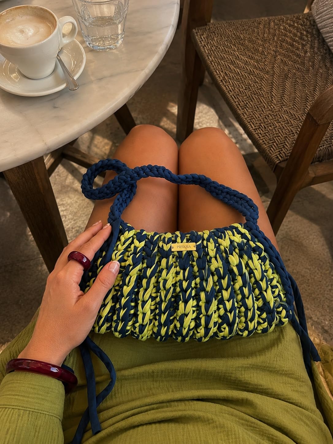 Bolso de ganchillo hecho a mano Hobo vibrante De hombro de verano crochet boho en naranja, denim y mojito