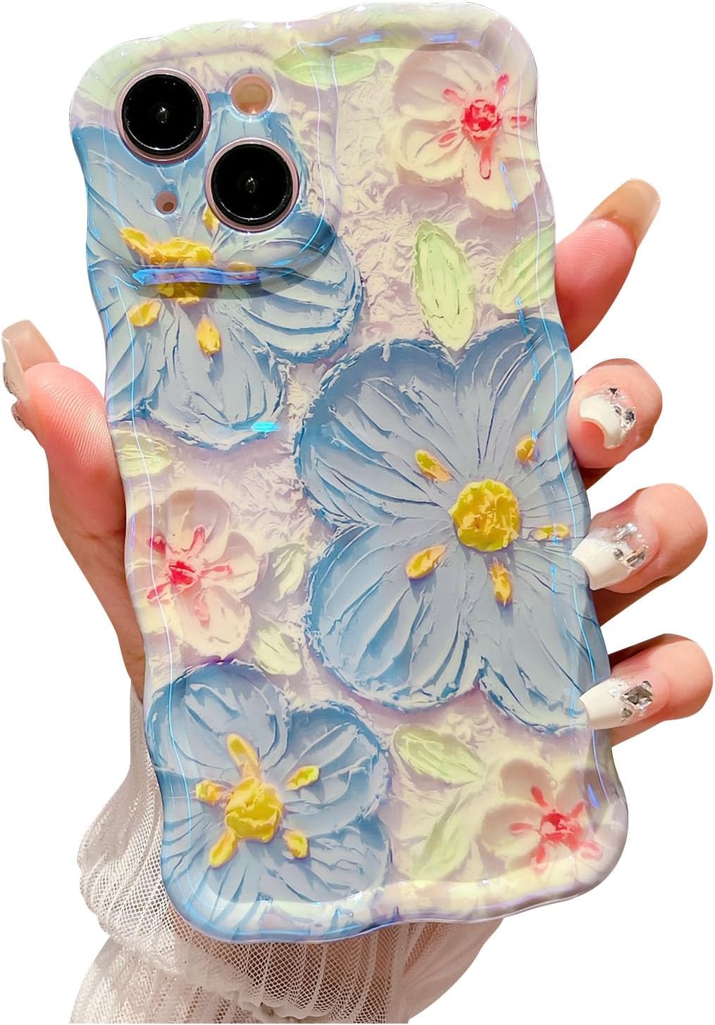 SPOBIT for iPhone 15 Case, Colorful Retro Oil Painting Flower Cute Curly Wave Border Floral Case for Women Girls, Camera Protection Soft Shockproof Cover Case for iPhone 15 - Blue