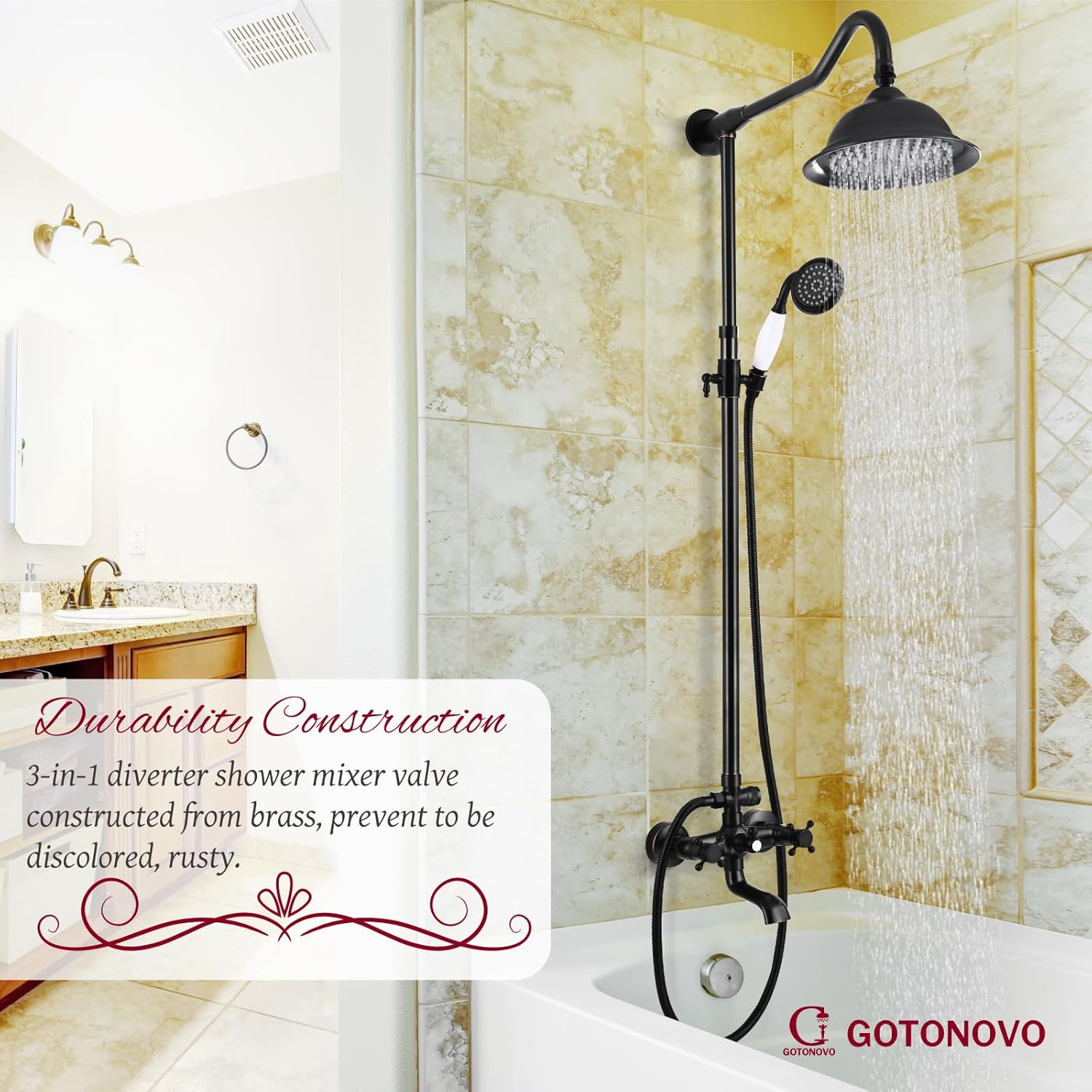 Gotonovo Oil Rubbed Bronze Shower Faucet Fixture - 8 Rain Shower, Double Knobs, Triple Function Tub Spout Combo Unit Set - 12 Inch Extension Included