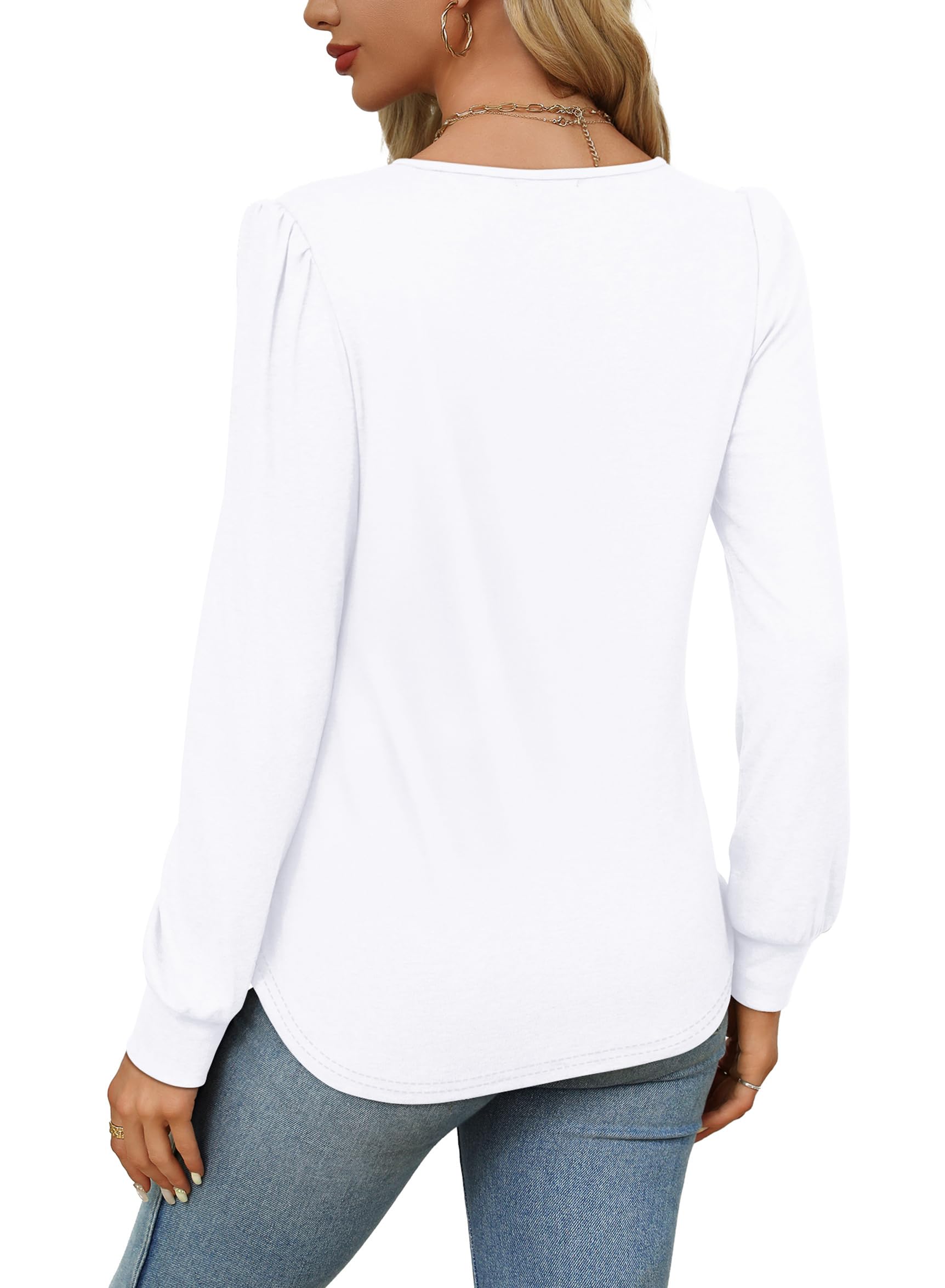 OFEEFAN Long Sleeve Shirts for Women Fall Tops Dressy Casual Blouses Pleated Scooped Neck Tunic Tops for Leggings