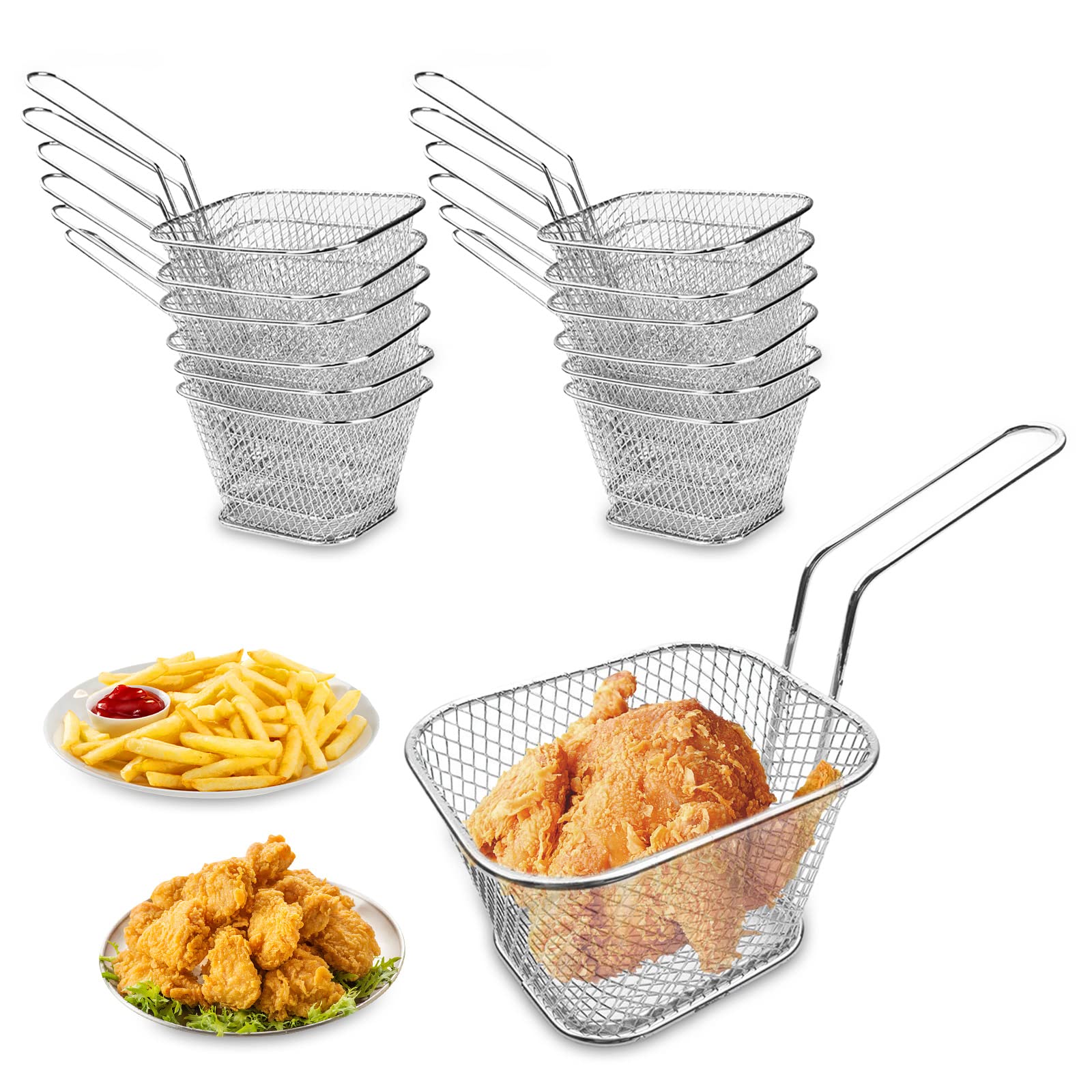 Nizirioo 12 Pieza Cestas Para Freír Cestas, Mini Cesta Para Freír Patatas Fritas, Cestas De Patatas Fritas Con Asa Para Servir Papas Fritas, Frituras, Aperitivos, Comidas Rapidas, Freír (Plata)