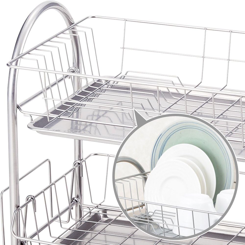 Wahei Freiz PM-9017 Iron Dish Drainer, Plonge, 2 Tiers, Powder Coating, Cutlery Pocket, Cutting Board Holder