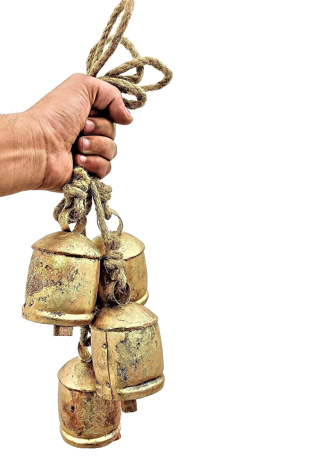 Decorative Bell Rustic Vintage Cow Bells Cluster - Set of 4 Large Lucky Cow Bells on Rope - Wall Hanging Décor (Gold) for Charming Farmhouse Ambiance