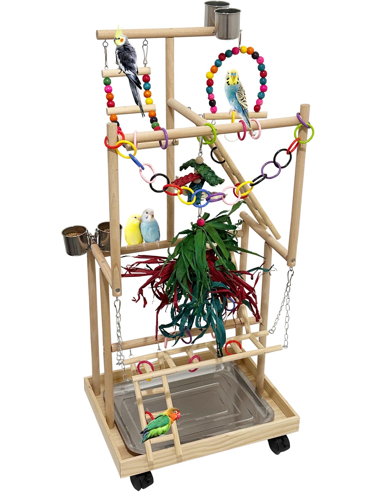Niwaes 4-Tier Large Wooden Bird Playground with Wheels, Natural Wood Parrot Play Stand Birds Perch Stand Gym with Ladder Toy Accessories for Cockatiel