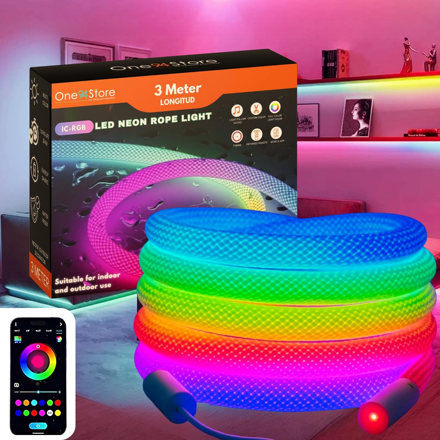 RGB LED Neon Rope Light, Flexible Strip Light, Multicolor Waterproof Decorative Lighting for Indoor & Outdoor Use, DIY Home Decoration, USB Powered - 3 Meter