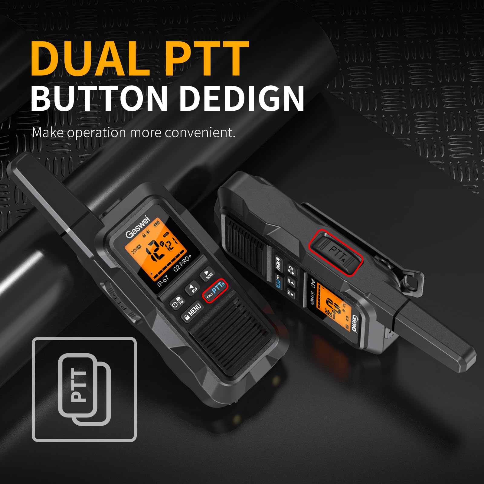 Gaswei G2Pro Professional 2-Way Radios for Adults [2 Pack] | IP67 Waterproof & Floatable Walkie Talkies with Dual PTT, SOS Alarm, FM Radio | Long Range Rechargeable — view 3