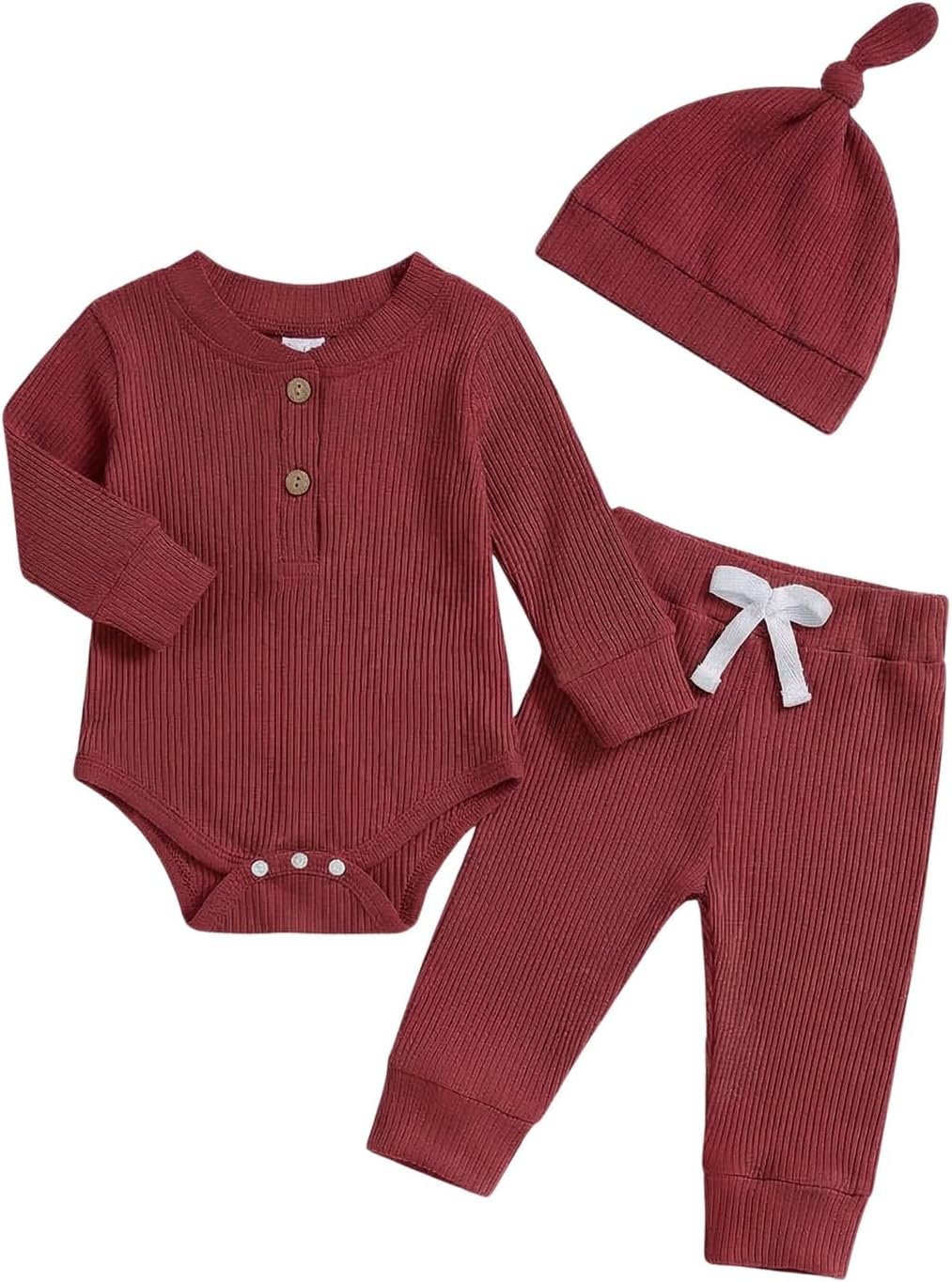 Newborn Baby Boy Clothes Long Sleeve Ribbed Bodysuit Pants Hat 3-Piece Outfit Set