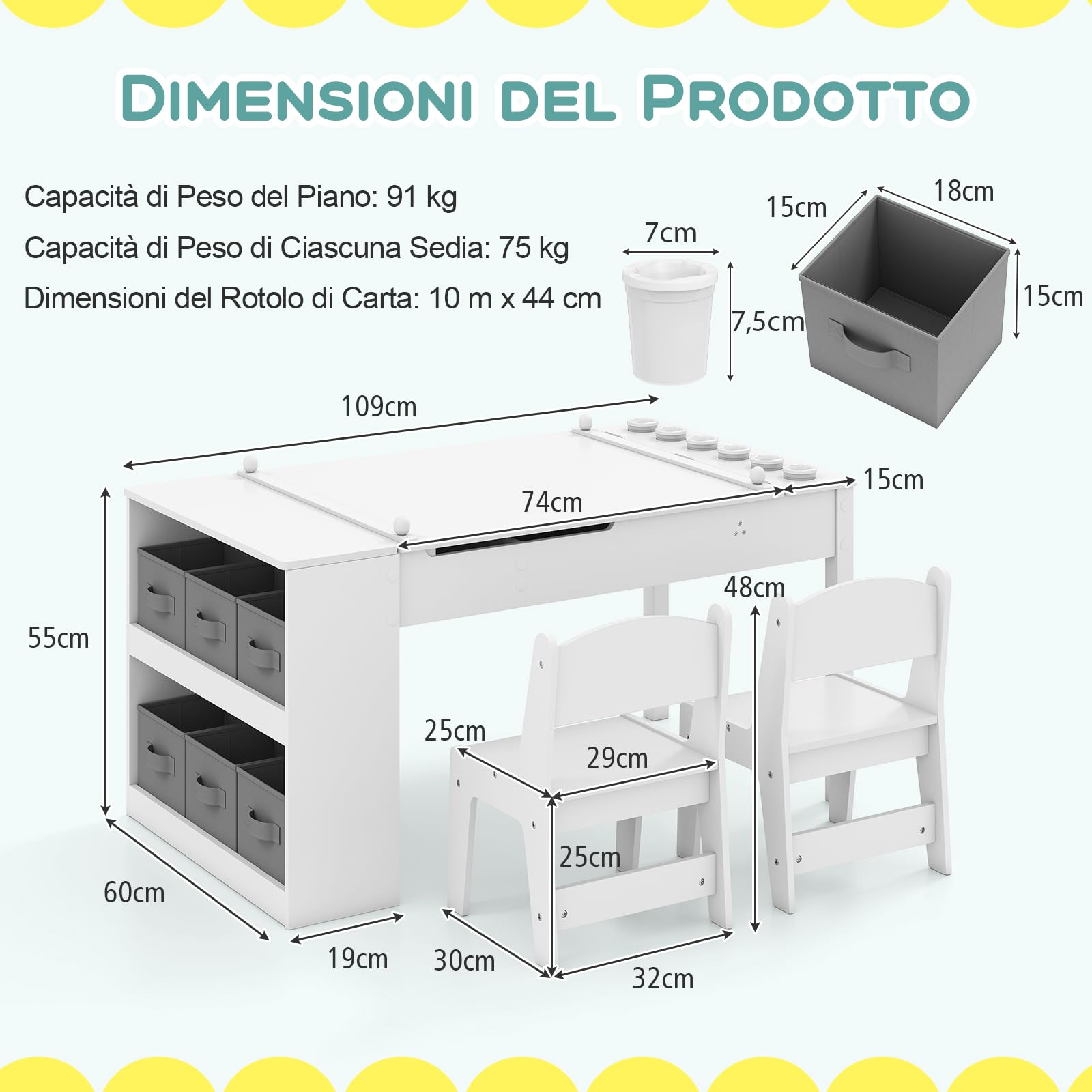 RELAX4LIFE Set Tavolino da Disegno e Sedie per Bambini, Scrivania con Piano Sollevabile, Rotolo di Carta, 6 Barattoli di Vernice e 6 Ceste di Tessuto, Tavolo Attività per Studio e Disegno (Bianco)