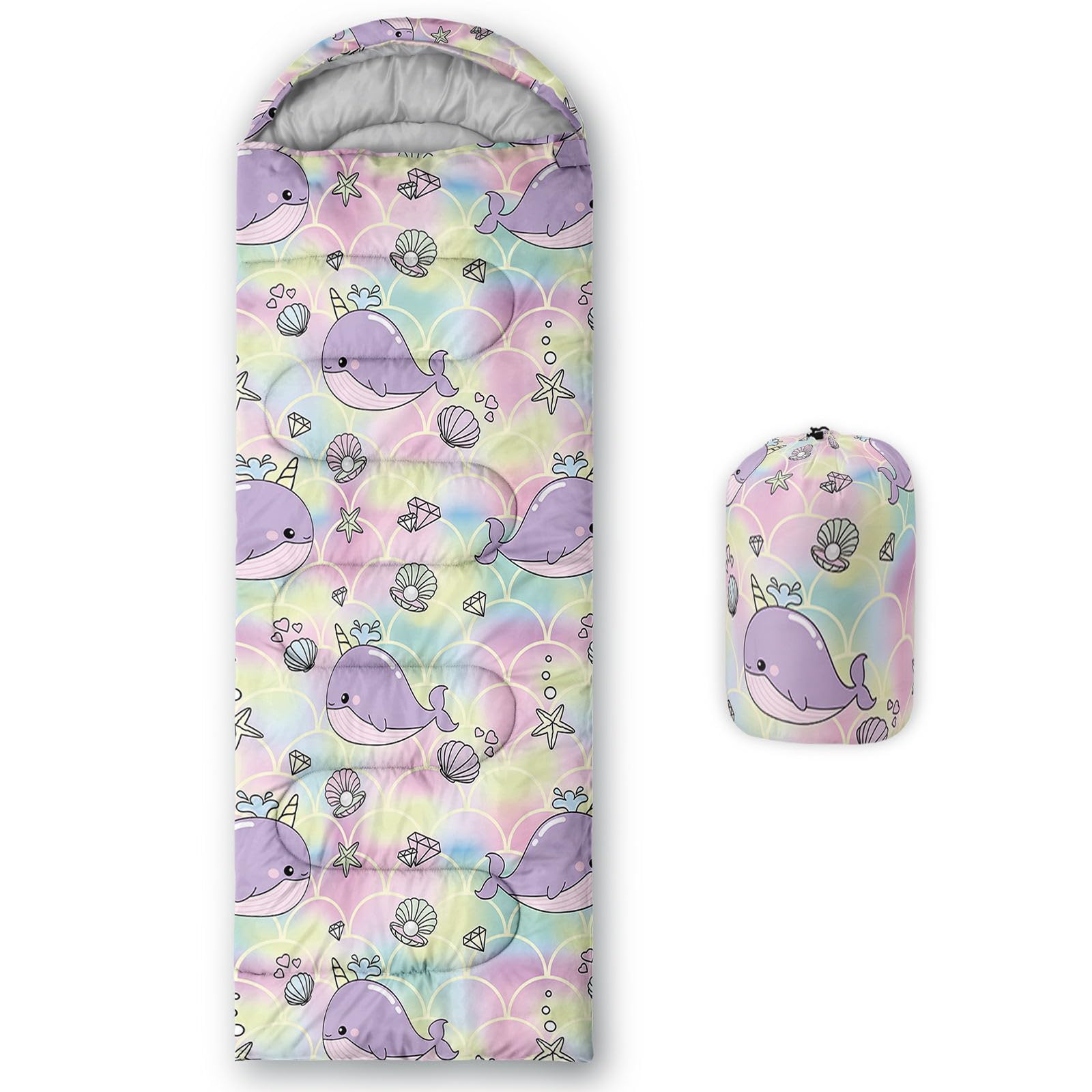 HOSIMA Kids Sleeping Bag for Boys Girls,Cute Whale Scales Print-Lightweight Warm Portable Outdoor Indoor-Waterproof Cold Weather Resistant Sleeping Bag for Camping Hiking(Whale)