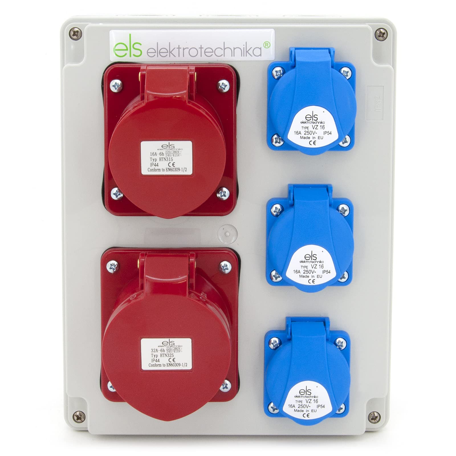 ELS Elektrotechnika Distributore a parete, 3 x 230 V, Schuko & 1 x 32 A/5P & 1 x 16 A/5P distributore di corrente di costruzione, cablato, pronto per il collegamento, per cantieri IP44