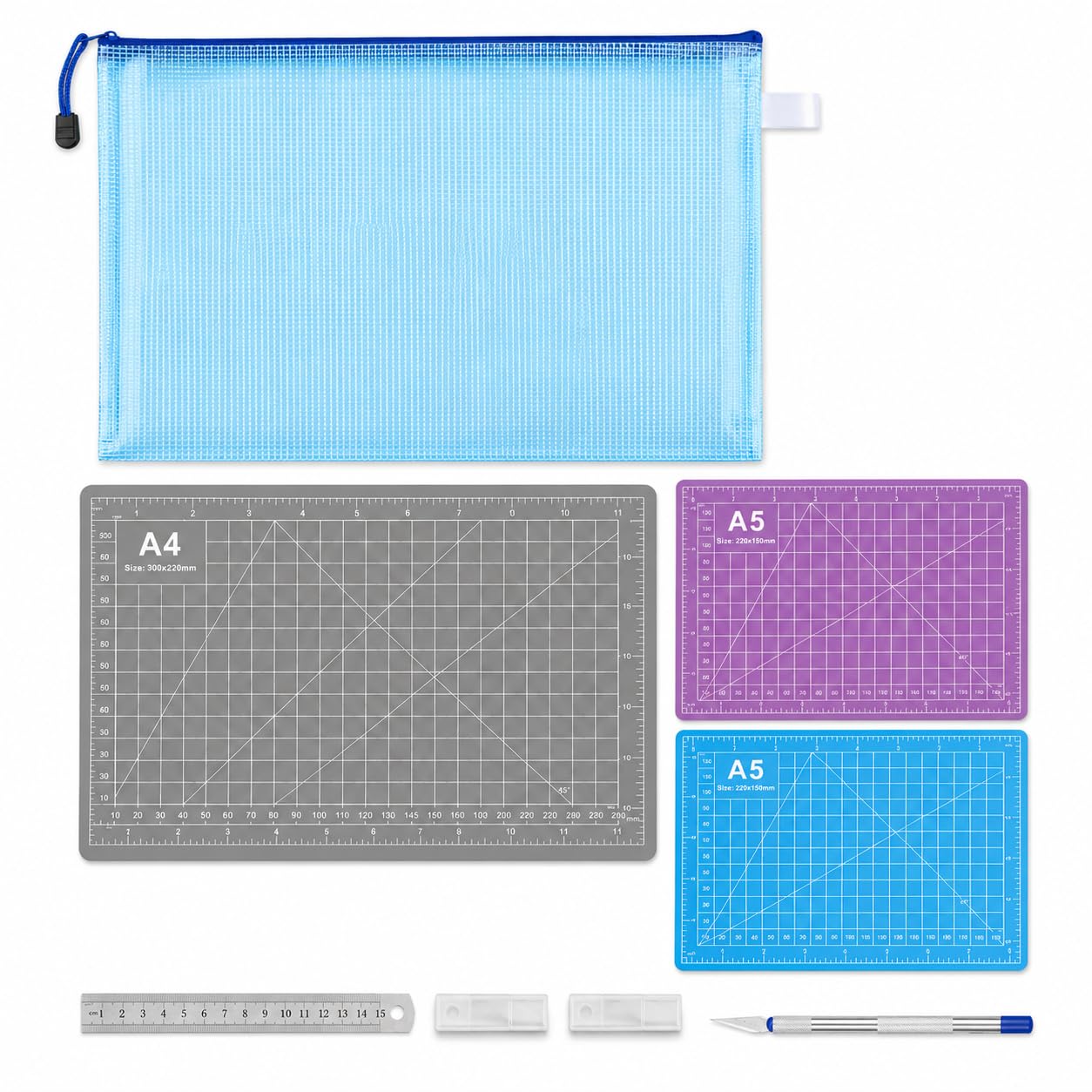 8 Piece A4 A5 Cutting Mat Set, Craft Knife, Steel Ruler, File Pouch