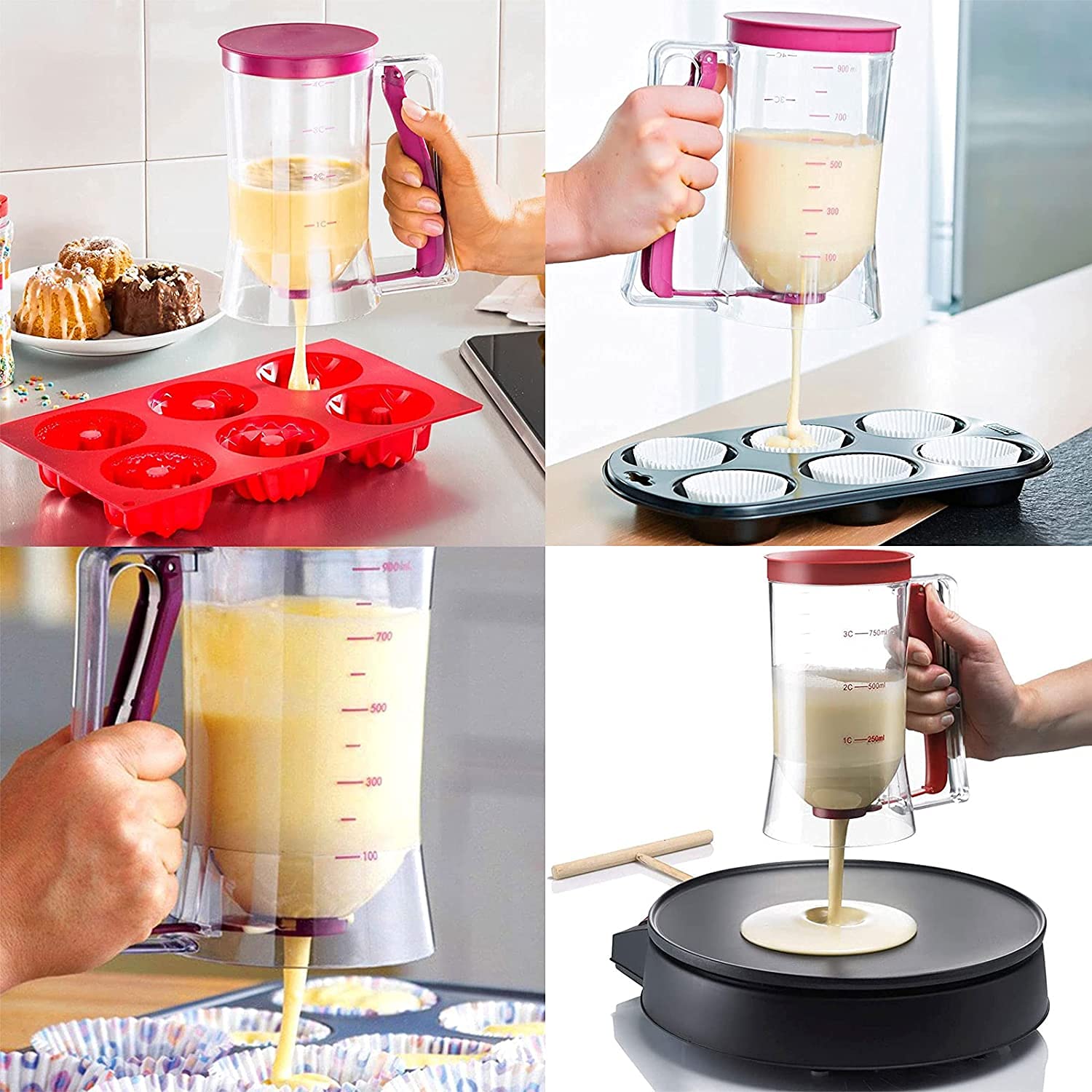 Dozownik do ciasta z pokrywką i skalą, do samodzielnego pieczenia ciasta, do ciast, naleśników, muffinek, 900 ml