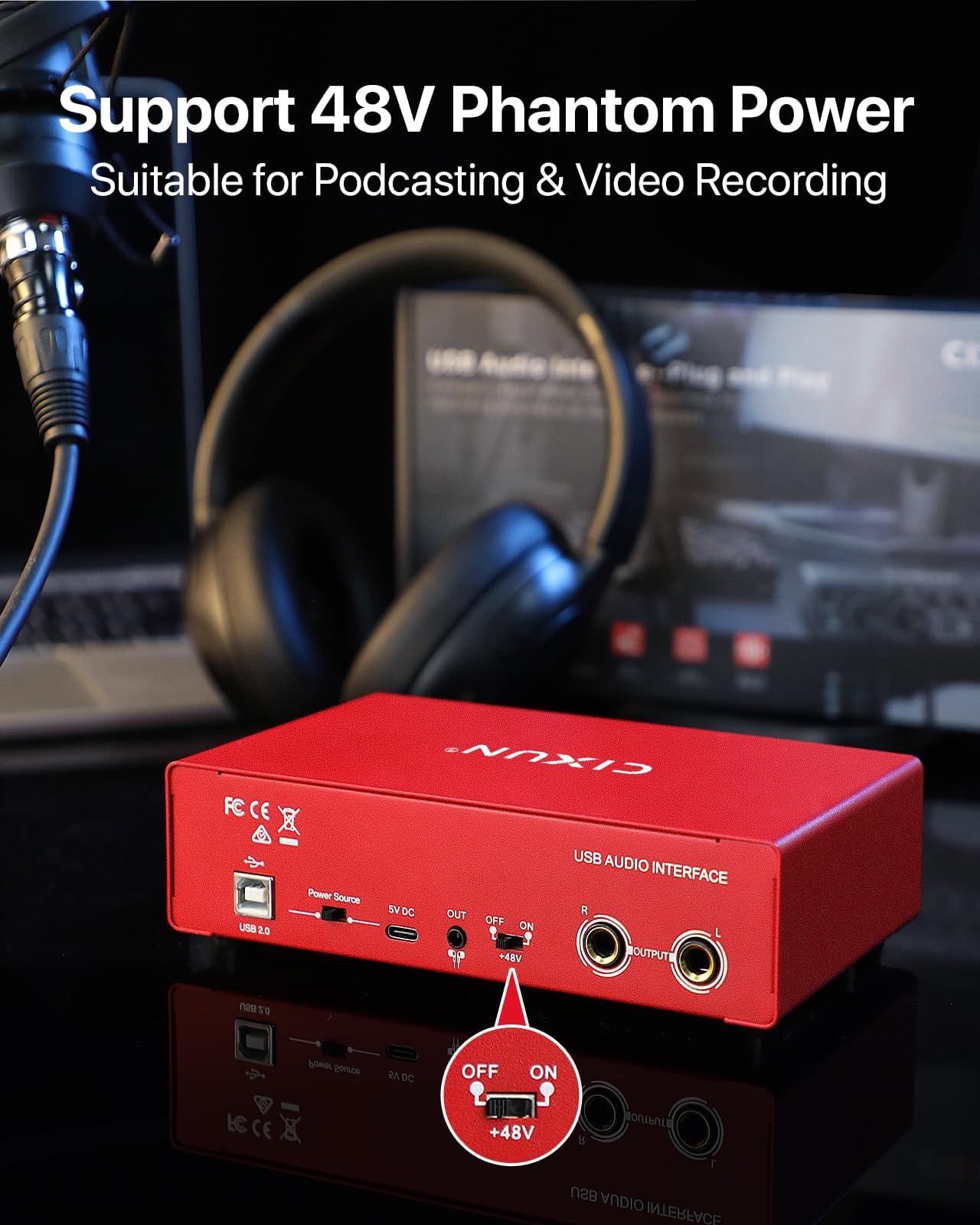 Carte Son Externe,2×2 Interface Audio USB-C pour PC,24 Bits/192 kHz, Doubles Entrées TS/XLR,Alimentation Fantôme +48 V,pour Studio/Podcast/Diffusion en Direct (Rouge)