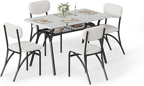 Miniatura 7 de Juego de mesa de comedor de 5 piezas GarveeHome para 4, mesa de cocina moderna con 4 sillas de bouclé, mesa de comedor rectangular con estante de