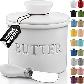 Priority Chef Butter Crock with Lid with Water Line, Ceramic French Butter Dish to Leave On Counter, White