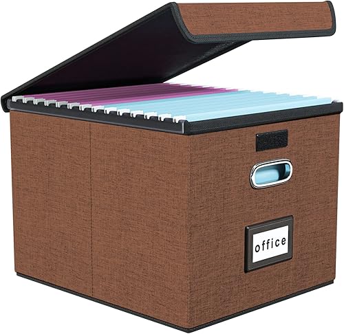 Vista 102 de Huolewa Cajas organizadoras de archivos con tapas, plegables de lino para colgar y almacenar con tobogán de plástico para oficina/decoración/hogar