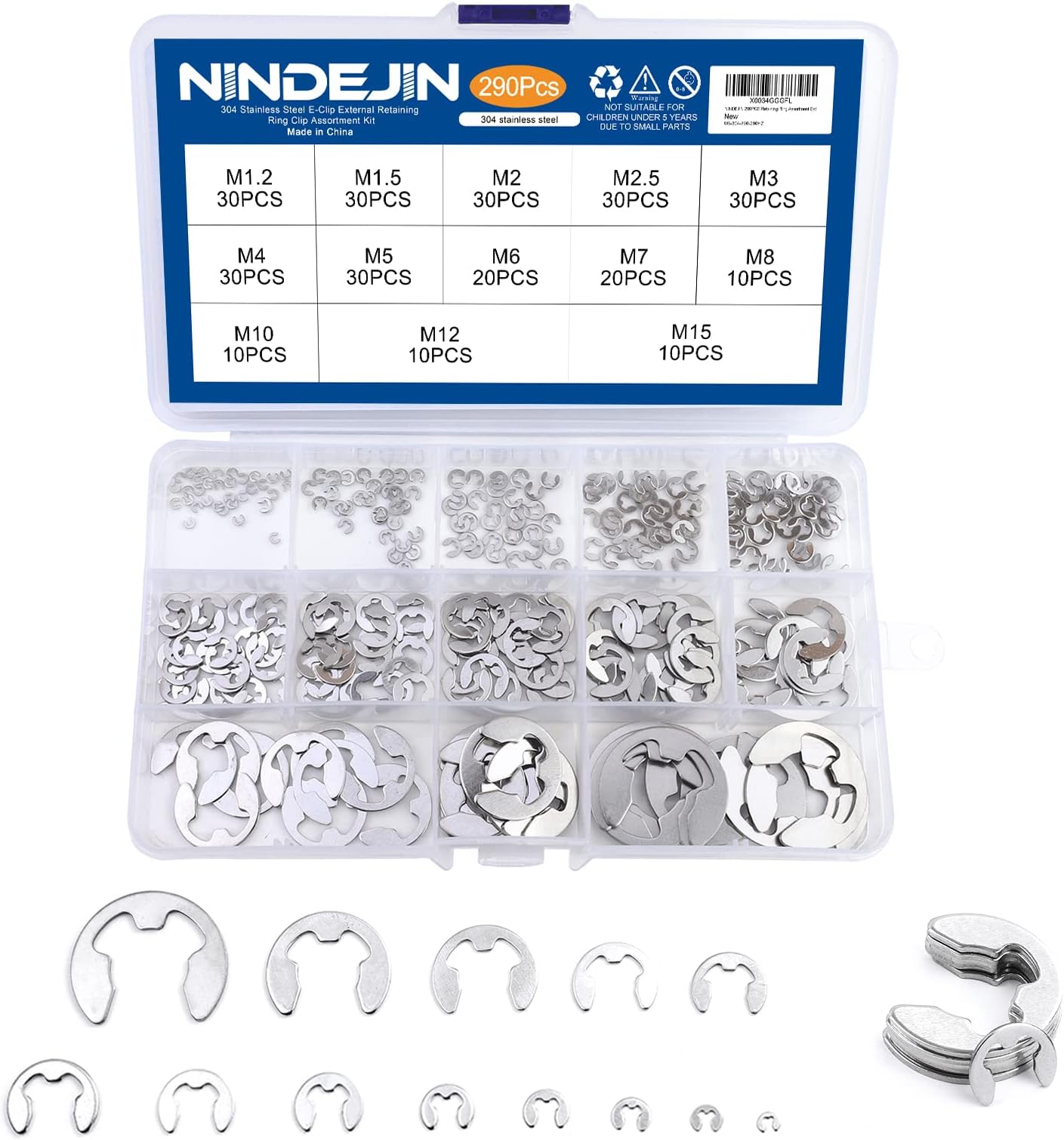 NINDEJIN E-Clip Retaining Rings Assortment Set, 304 Stainless Steel External Snap Ring Clip Kit, 1.2-15mm(13Sizes)E Circlip Retainer Rings for Projects–Car Engines, Locking Mechanisms and Other Shafts