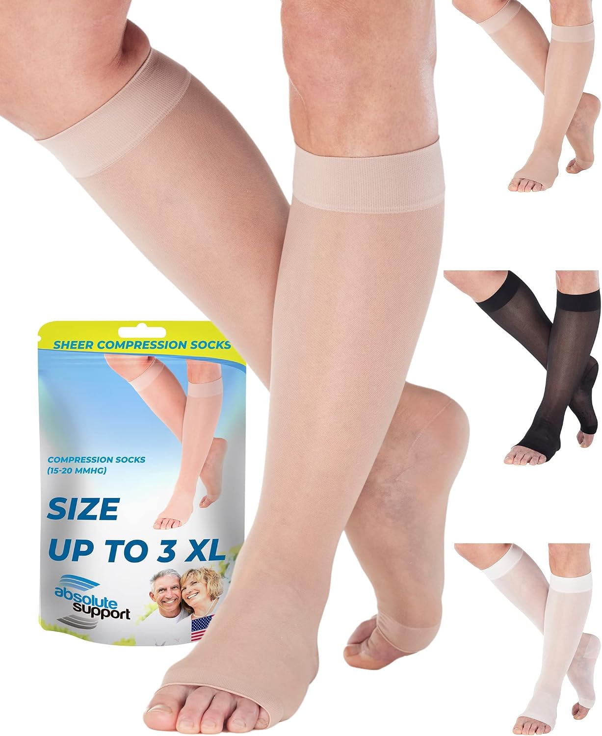 Sheer Compression Socks for Women Circulation 15-20 mmHg with Open Toe - Lightweight Long Compression Knee High Support Stockings for Ladies - Nude, 4X-Large