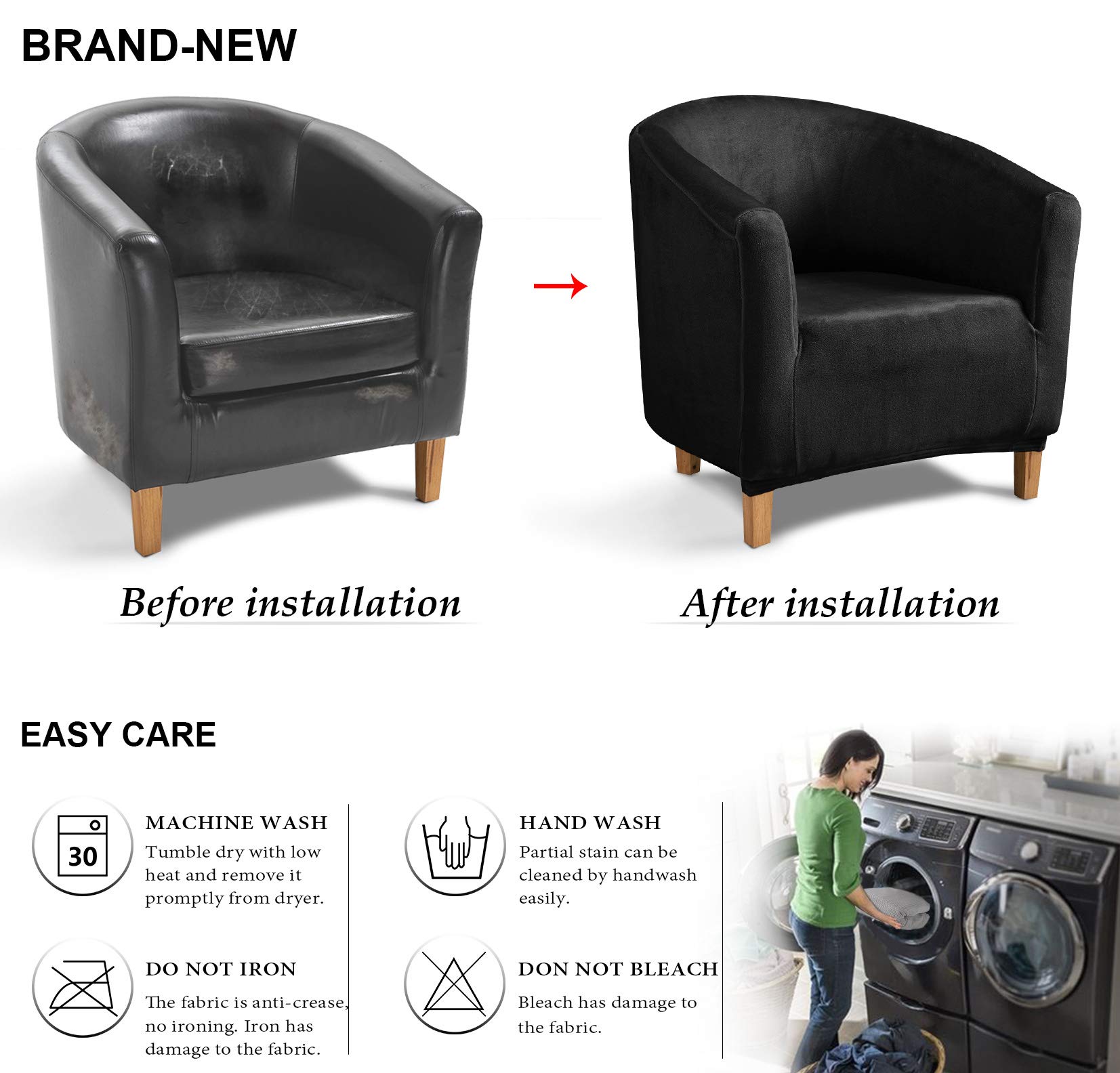 TIANSHU Velluto Poltrona Da Cocktail Chesterfield Fodere Coprisedia, Morbido Peluche Elasticizzato Fodera Per Sedia Da Club Antiscivolo Copripoltrona Rimovibile Universale(Nero)