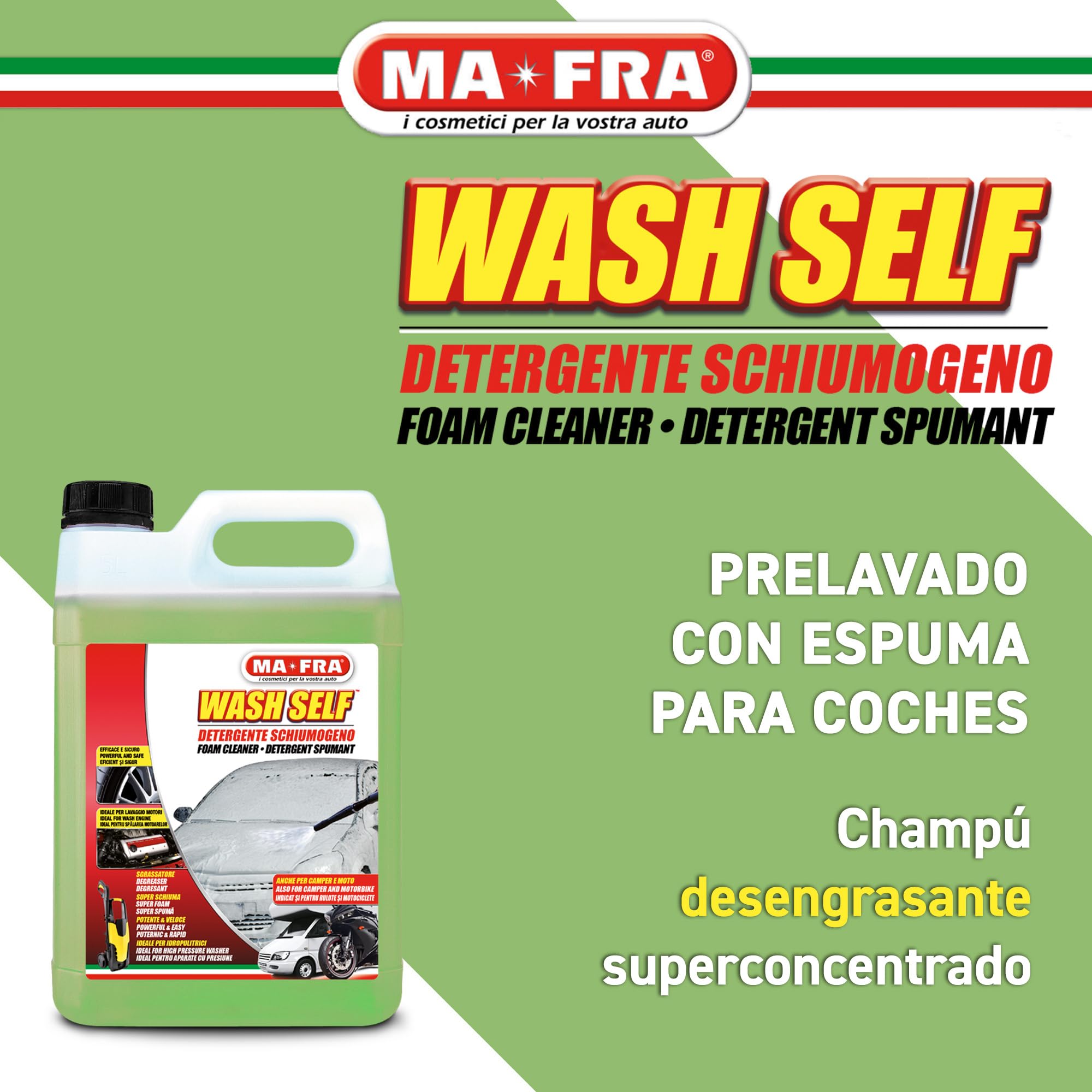 Ma-Fra, Wash Self - Limpiador desbloqueador Concentrado para hidrolimpiadora, para Prelavado de Coche, 5000 ml