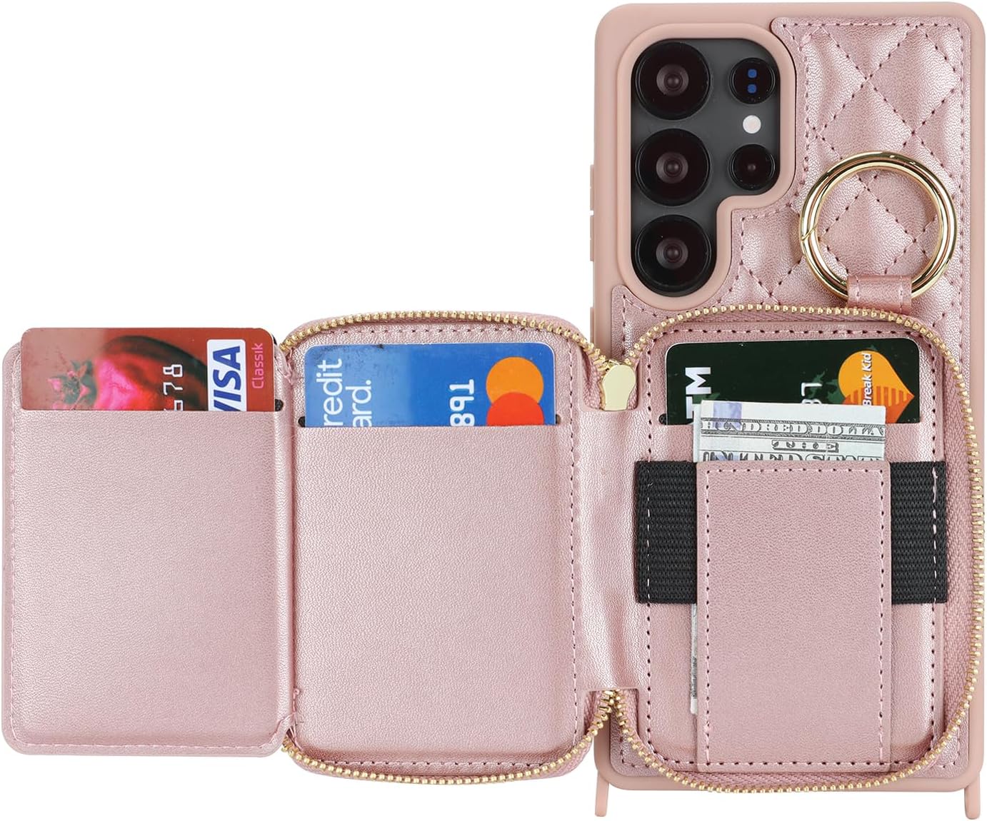 Crossbody Wallet Case for Galaxy S25 Ultra, PU Leather Zipper Handbag Purse Flip Cover, Kickstand Folio Case with Card Slots Holder Wrist Strap Lanyard -Rose Gold - Image 5