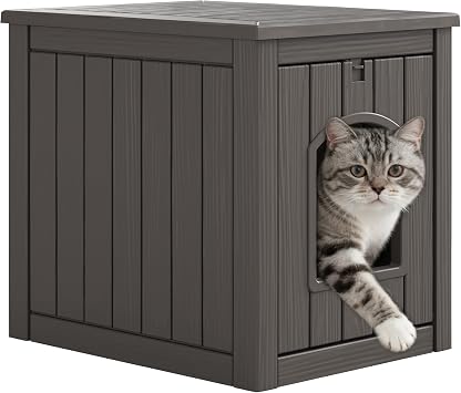 Outdoor Cat House Weatherproof, Plastic Outside Cat House Waterproof with Openable Front Door, Warm Feral Cat Shelter for Porch, Backyards, Garage & IndoorGray