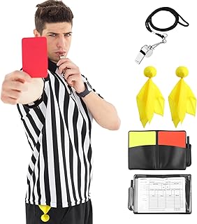 5 Pcs Halloween Referee Costume Kit, Referee Costume for Boy Kids Men, Sports Costume Shirt Uniform Umpire Whistle Yellow Penalty Flag Card for Halloween Basketball Football Soccer Accessories