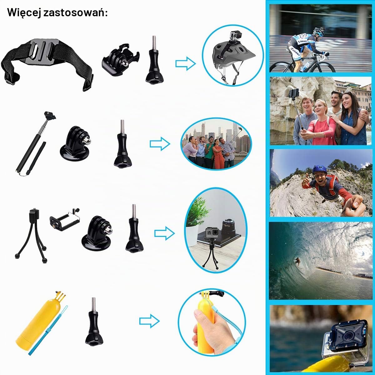 Suptig Zestaw akcesoriów kompatybilny z Gopro Hero 13 Hero 12 Hero 11 Hero 10 Hero 9 Hero 8 Hero 7/6/5/4/3/3+/2/1/Session i AKASO, Dji Action, Insta 360 Action Camera akcesoria