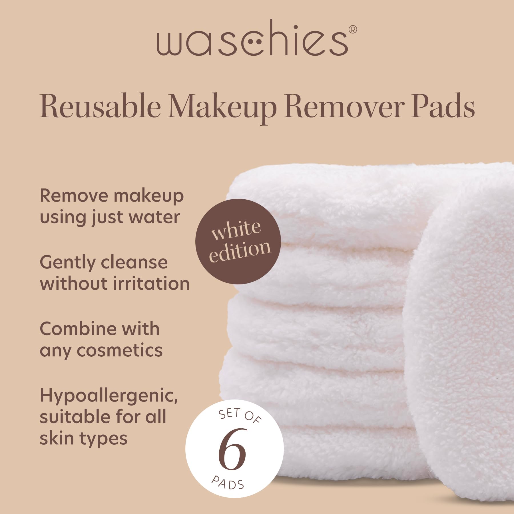 Waschies Reusable Makeup Remover & Face Cleansing Pads, Pack of 6 in White, Washable, Soft & Hypoallergenic - Image 2