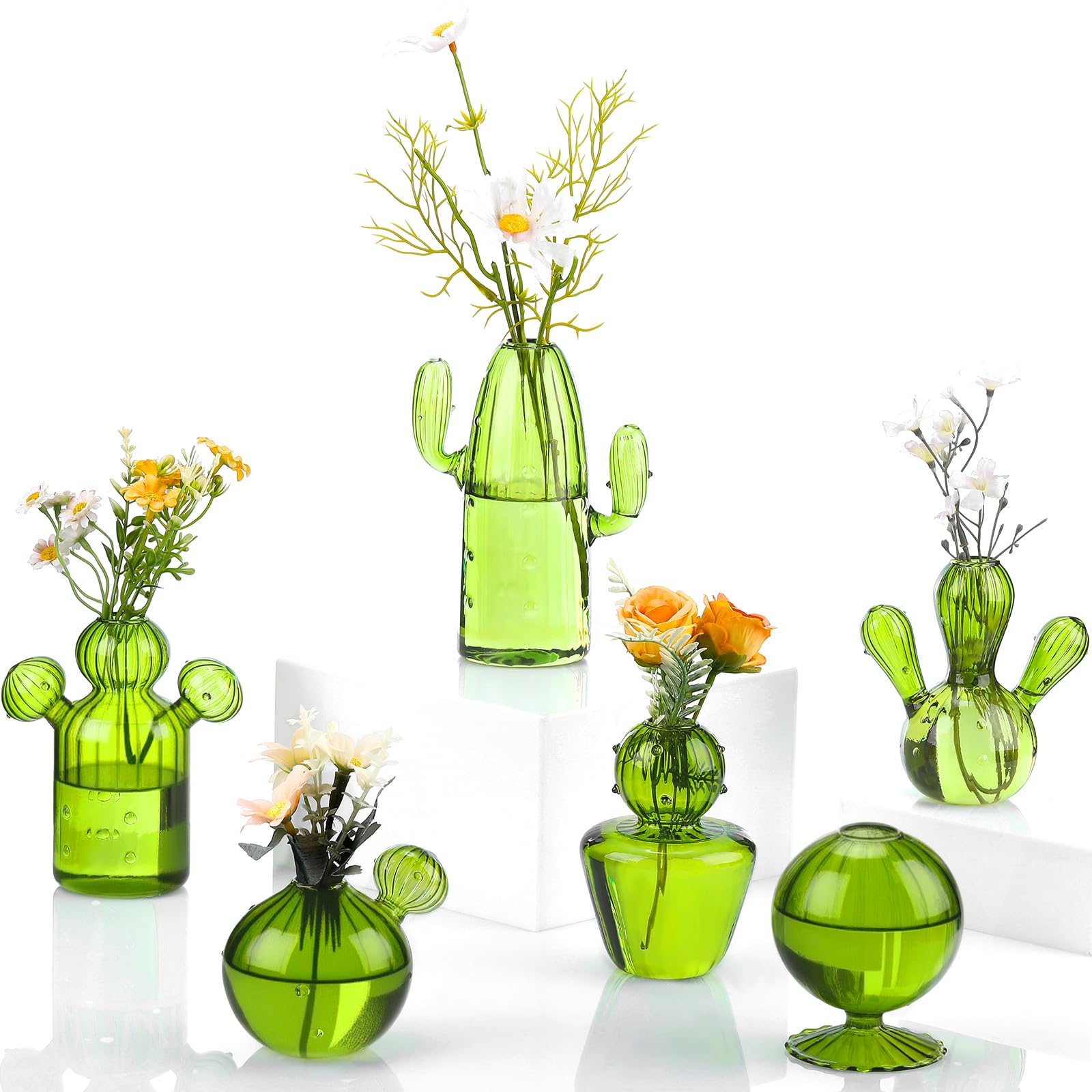 Maxdot Kaktus-Glasvasen, Kaktusform, Glas-Terrarium, Mini-Terrarium für Pflanzen, Anzuchtstation, niedliches Hydrokultur-Innen-PGeschenke für Pflanzenliebhaber, Hausgarten-Dekoration, Grün, 6 Stück