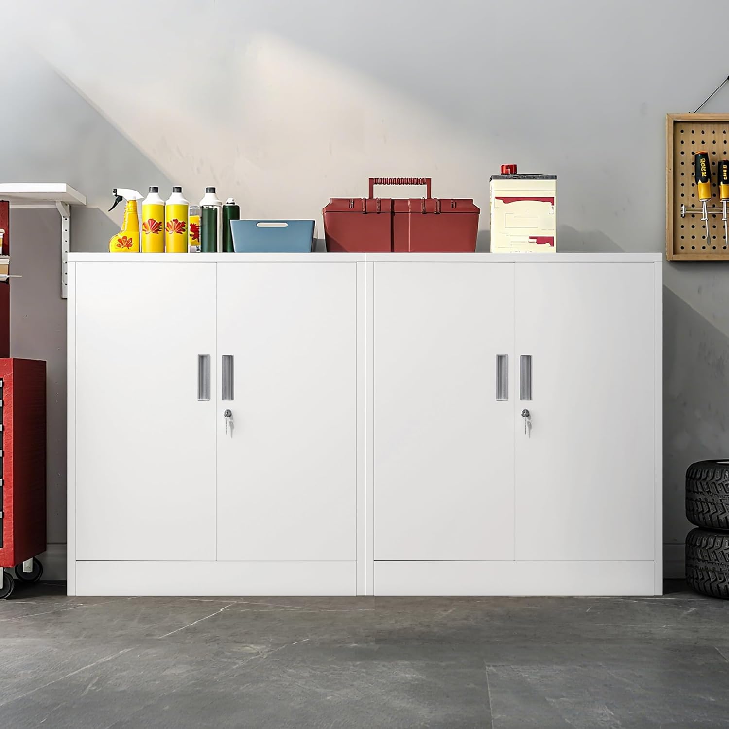 Metal Storage Cabinet, 36" H Locking Storage Cabinet with 2 Adjustable Shelves for Garage, Home, Office, Utility Room-White