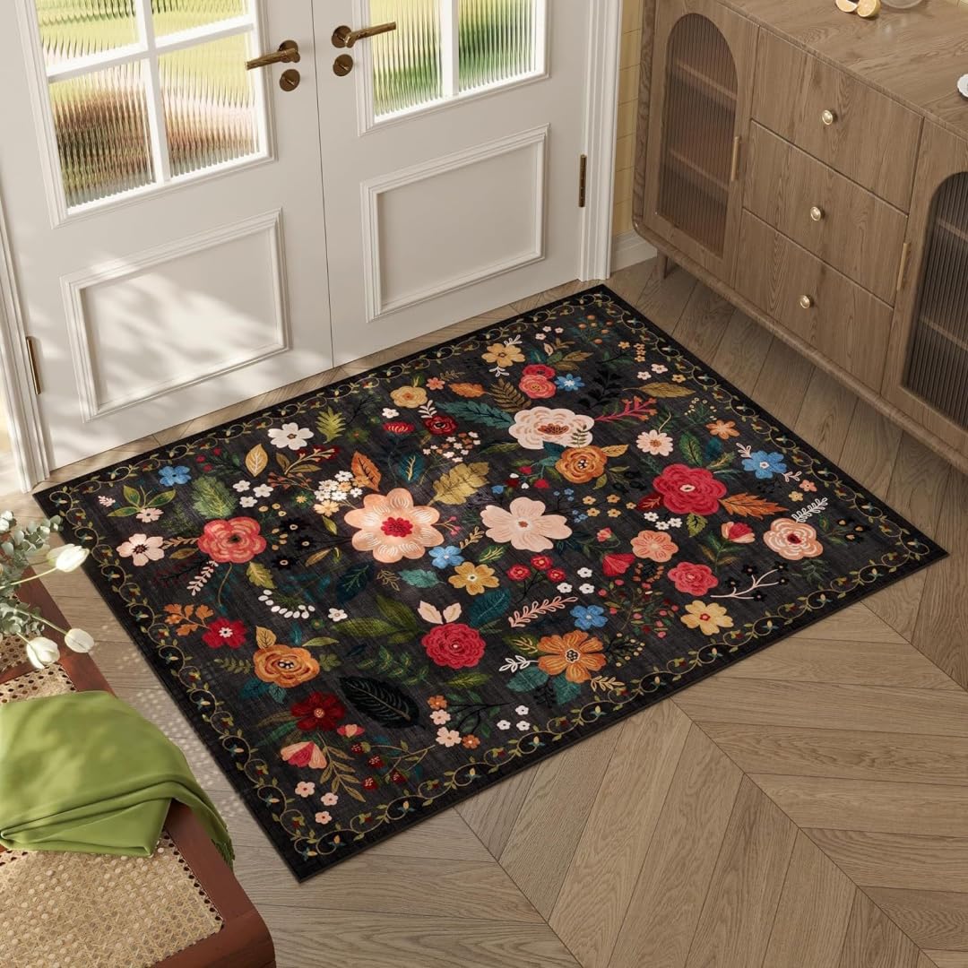 Tapis floral boohème doux 120x160 cm pour salon et chambre