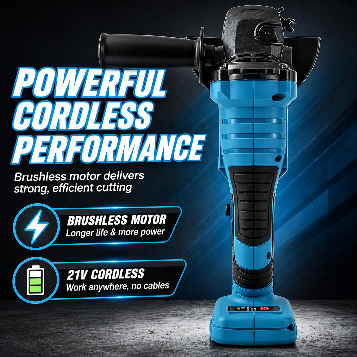 Amoladora Angular Inalámbrica Brushless 21V KATSU FIT-BAT, 115mm con Motor sin Escobillas para Cortar Pulir, 3 Velocidades, Baterías no Incluidas (Solo Máquina) 102606
