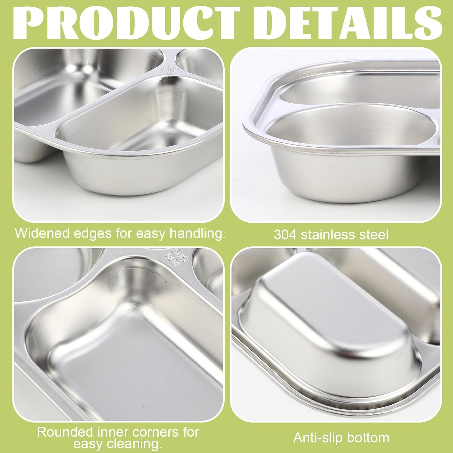 8 Pack Stainless Steel Divided Plates 4 Compartment 304 Meal Trays for Cafeteria Breakfast Lunch Dinner Diet Food Control Camping Office Home Adult
