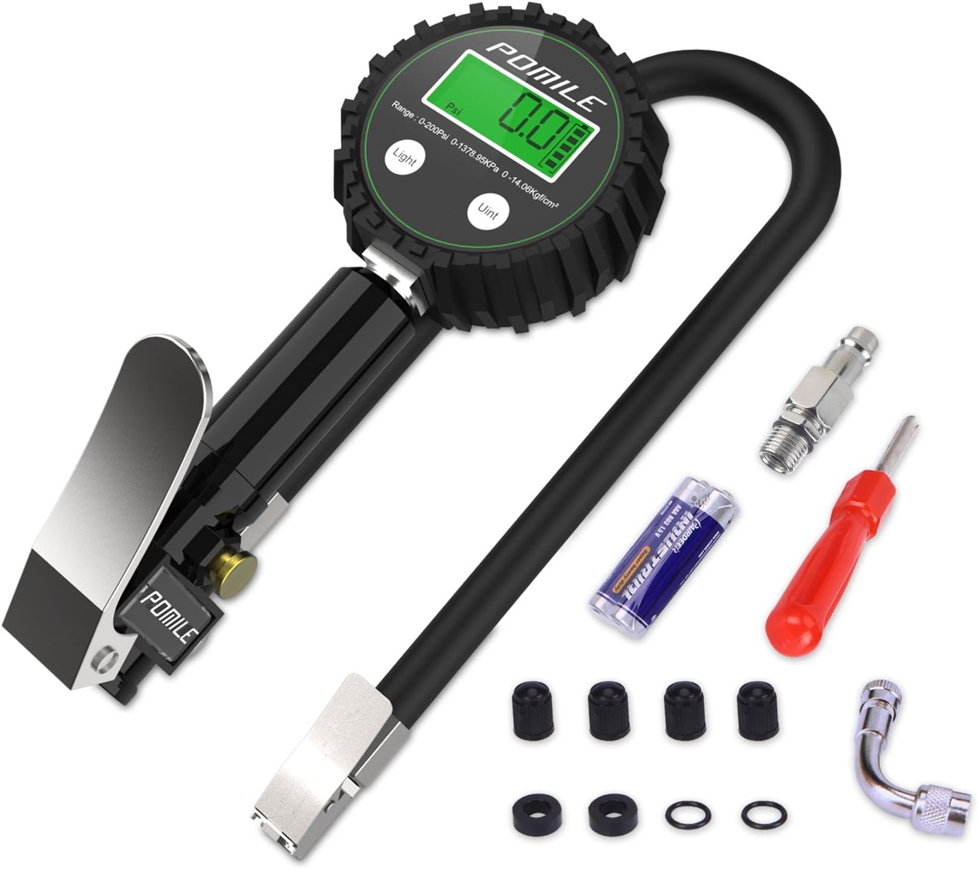 POMILE Digital Tyre Inflator with Pressure Gauge 200 PSI Accurate Tyre Gauge with Air Chuck and Compressor Accessories Heavy Duty with Rubber Hose, 90 Degree Valve Extender, Quick Connect Coupler for Car, Truck, SUV, Bike, RV