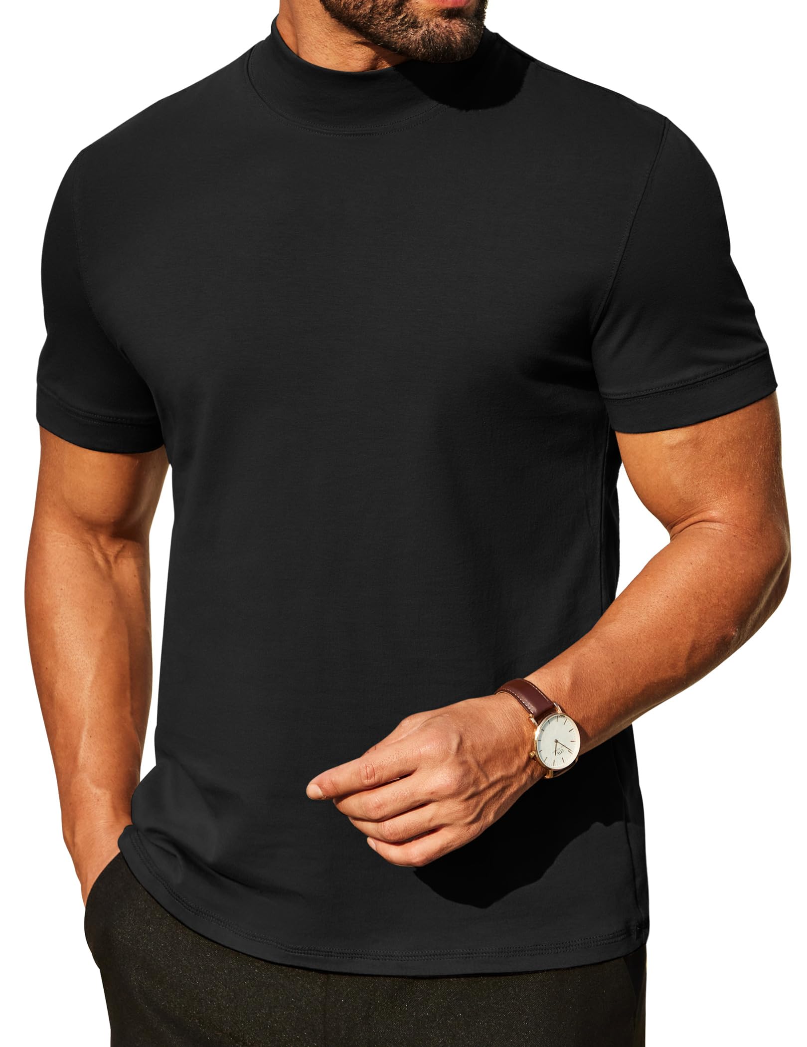 Coofandy Mens Mock Turtleneck Shirts Casual Premium Cotton Short Sleeve Shirt 2025 Basic Half Neck T-Shirts, Black, S