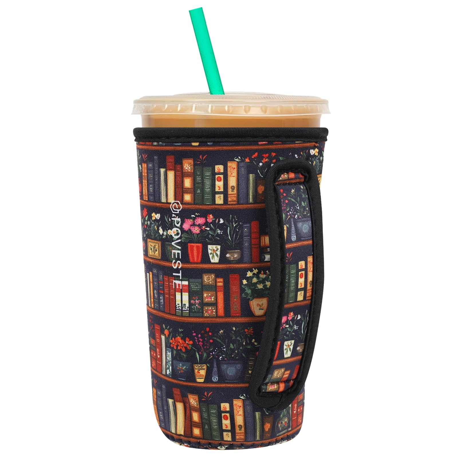 Reusable Neoprene Insulator Sleeve for Iced Coffee &amp; Cold Soda, Coffee Sleeves for Iced &amp; Hot Drinks, Cold Beverage Cooler Compatible with Starbucks, Dunkin (Book&amp;Flower, Large: 32oz)