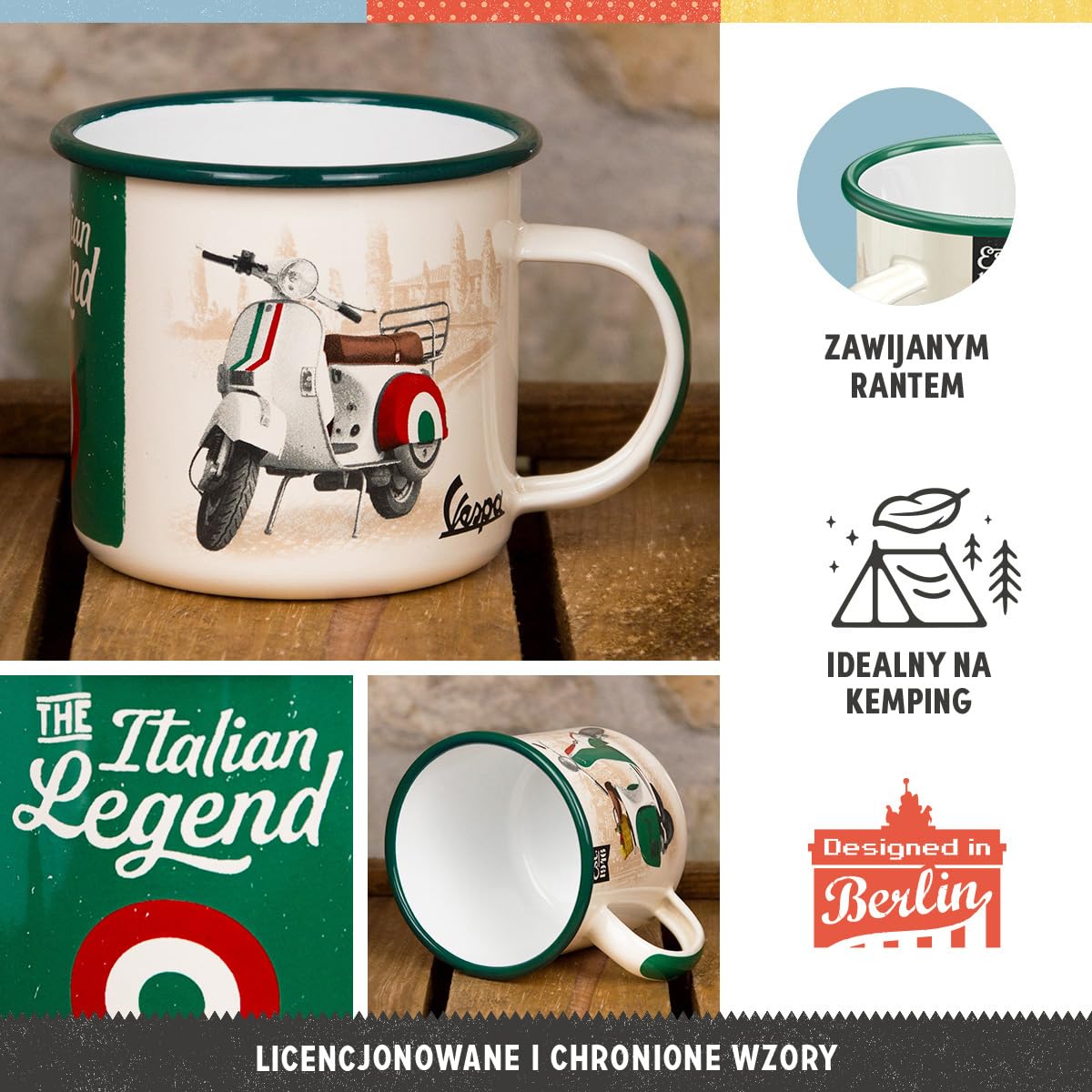 Nostalgic-Art Retro kubek emaliowany, 360 ml, Vespa – Italian Legend – Pomysł na prezent dla miłośników skuterów, Official License Product (OLP), kubek kempingowy na kawę, Styl vintage