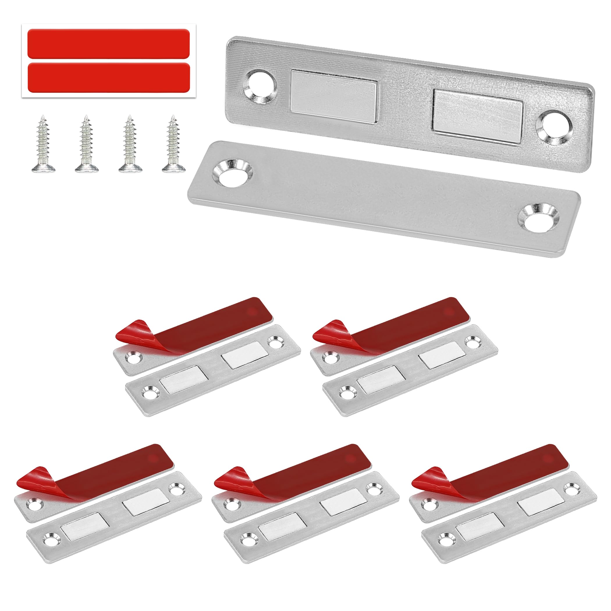 Redunest Cabinet Magnetic Catch, 6 Pack Silver Long Ultra Thin Magnetic Cabinet Door Catches, Adhesive Cabinet Magnets for Kitchen Drawer Cabinet Door Closet, Concealed Strong Magnetic Cabinet Latches