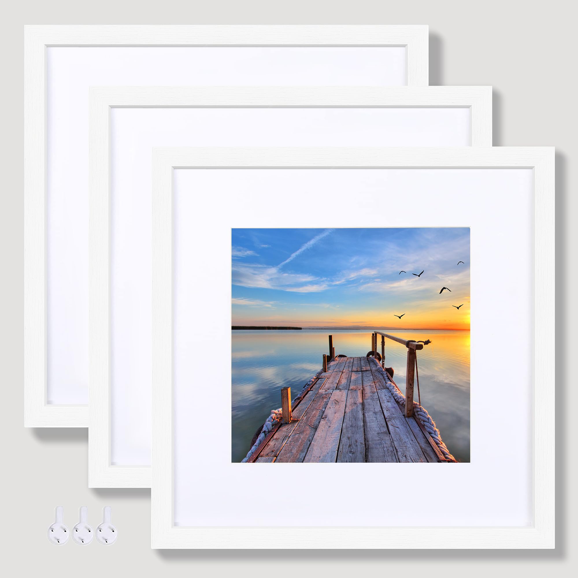 Hongkee 12x12 White Picture Frame set of 3, Made of Wooden Square Photo frame - Displays Picture 8x8 With Mat or 12 x 12 Without Mat, Desktop & Wall Collage Photo Frame