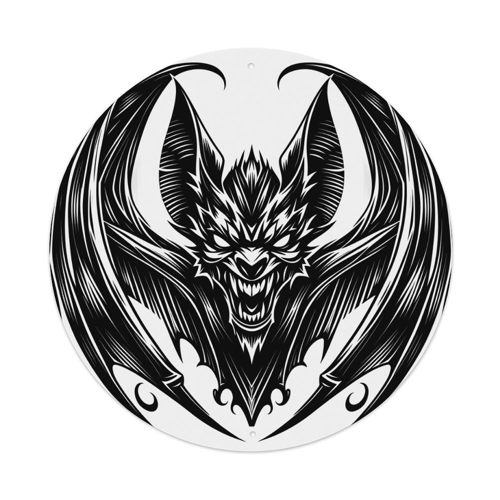 Demon Bat With Sharp Teeth And Wings Spread Round Vintage Tin Sign,Retro Wall Art,Metal Poster for Home, Bar, Garage, Cafe, Rustic Indoor & Outdoor Decor, 8x8 Inches