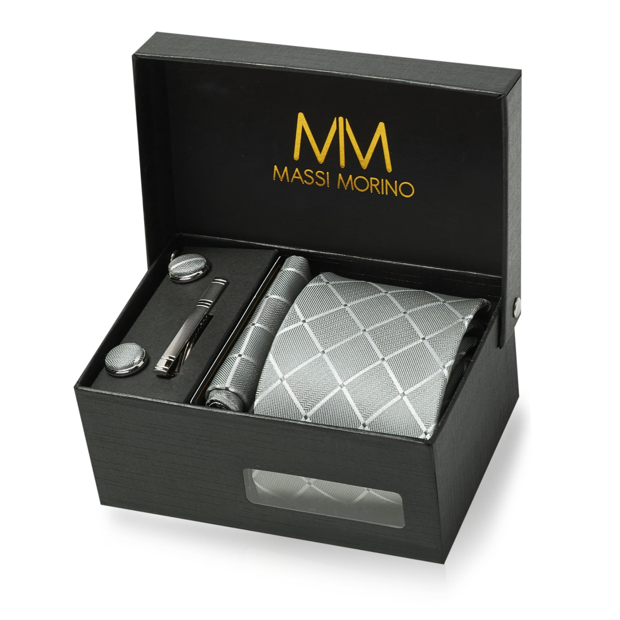 Massi Morino Krawatte mit Einstecktuch Set Herren inkl. Manschettenknöpfe, Krawattennadel und Geschenkbox - Männer Krawattenset zur Hochzeit