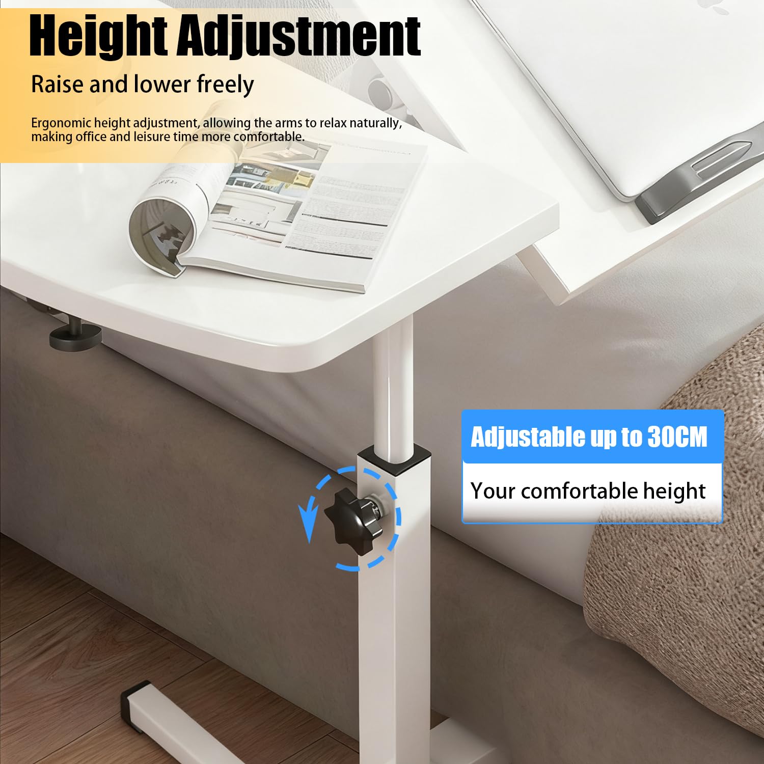 Tavolino Servitore Letto,Carrello Con Ruote Dotate Di Freno,60x40 Cm,Con 2 Barre Antiscivolo,Adatto Per Uso Con Tavolo,Divano o Letto,Supporto Per Laptop Con Altezza e Angolazione Regolabili (Bianco)